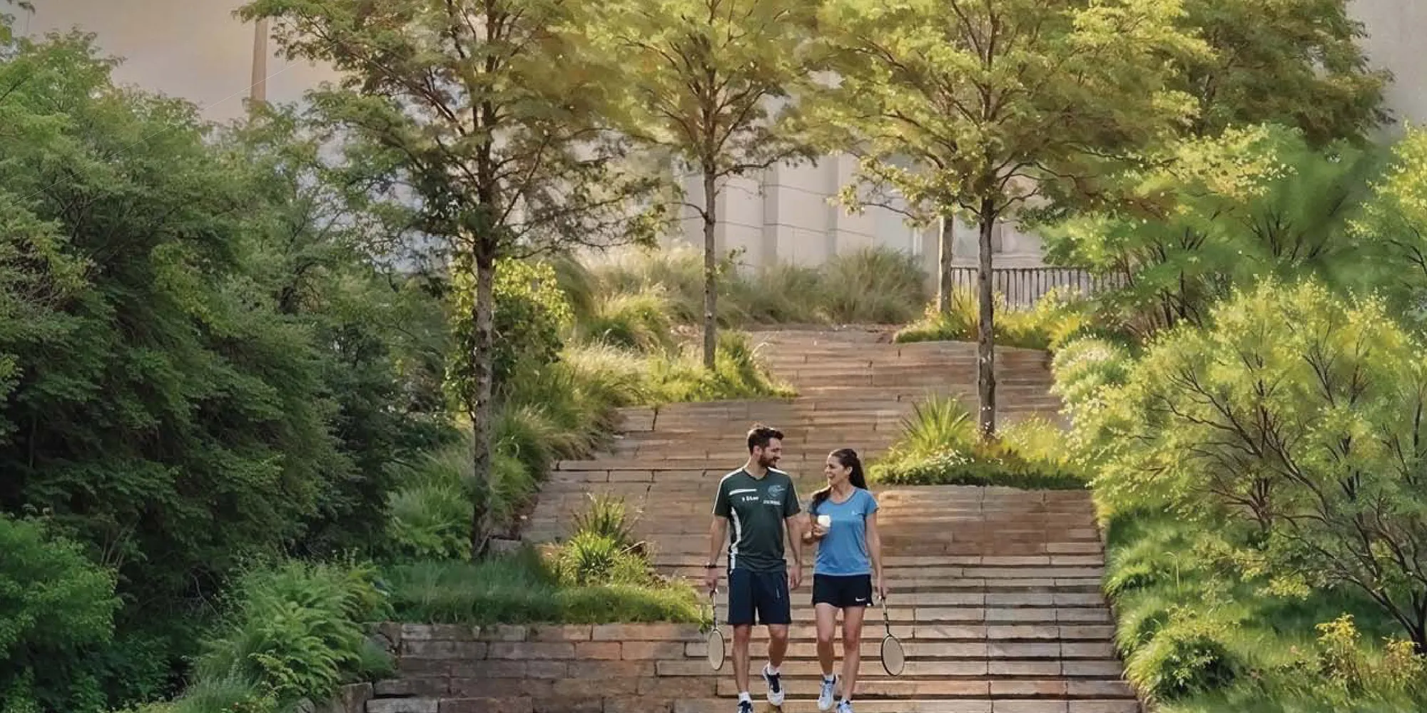 Verdant stair through the landscaped podium at Lodha Sylvan